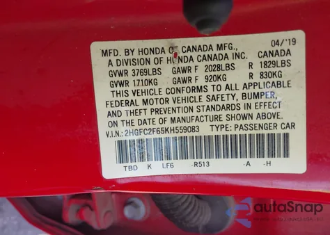 2019 Honda Civic Lx из США, поврежденный, VIN 2HGFC2F65KH559083